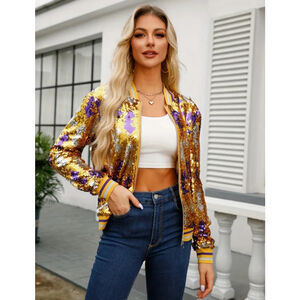 Gold, Purple and Silver Sequins Bomber Jacket